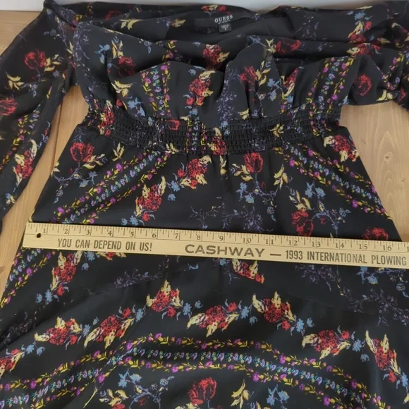 Guess Black Floral Faux Wrap Long Sleeve Mini Dress (no belt) - Picture 12 of 16